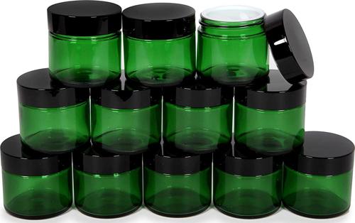 , 12, Green, 2 oz, Round Glass Jars, with Inner Liners and black Lids