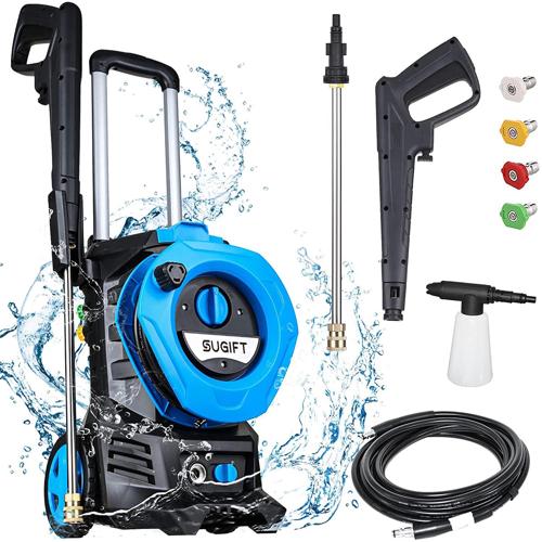 3300PSI Electric Pressure Washer High Power Pressure 1800W with 4 Nozzles Foam Cannon and Hose Reel for Cars Homes Driveways Patios Blue