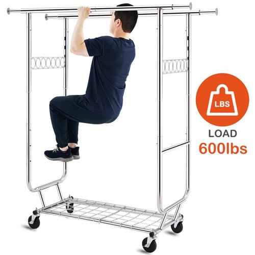 600 lbs Commercial Clothing Garment Rack with Shelves Clothing Racks on Wheels Rolling Clothes Rack Heavy Duty Portable Collapsible Adjustable, Chrome Finish