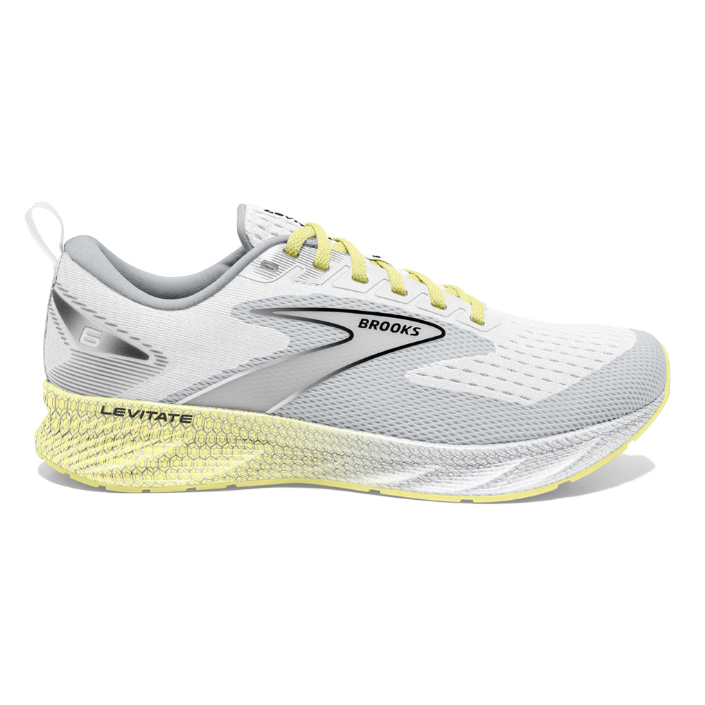 Women's Brooks Levitate 6, White/Oyster/Yellow, 10 B Medium